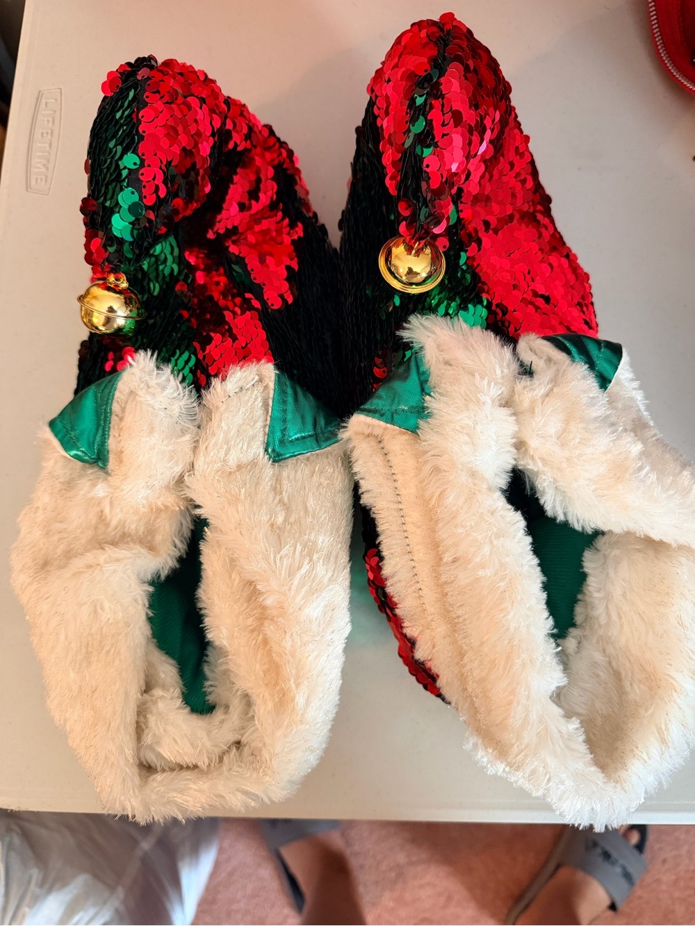 Christmas elf sequin slippers with bell red/green, women’s size XL (9-11)